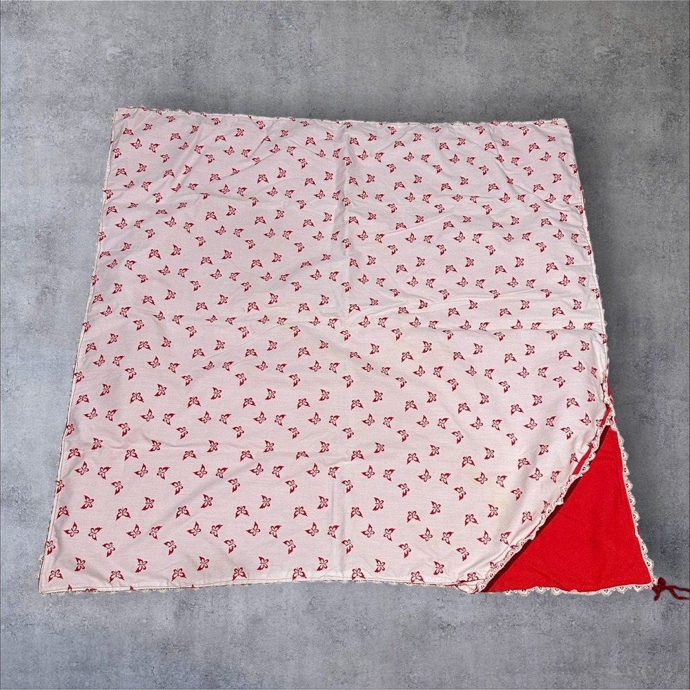 Vtg Handmade Blanket Quilt 38x38‎ Pink Butterflies Flocked Texture Red Backing
